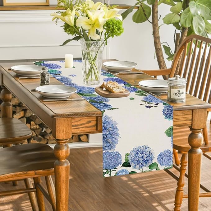 ZCHOMI Purple Hydrangea Table Runner 13x72 Inch Seasonal Spring Summer Green Plants Kitchen Dinning Table Decoration for Indoor Outdoor Birthday Home Party Decor