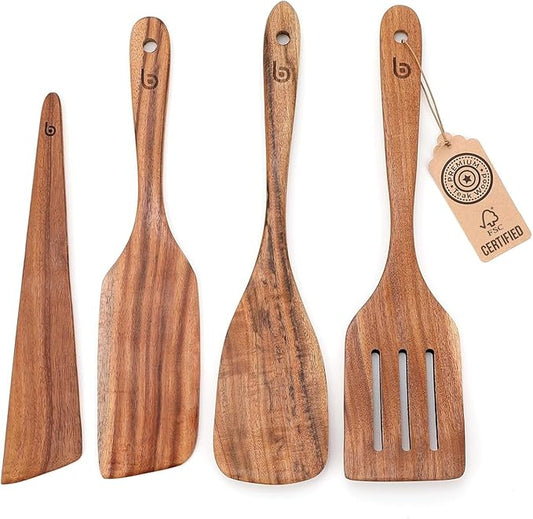 4-Piece Teak Wood Spurtle Utensil Set ??Premium Natural Wooden Cooking Tools for Nonstick Cookware, Stirring & Serving ??Durable, Non-Toxic Kitchen Spatulas