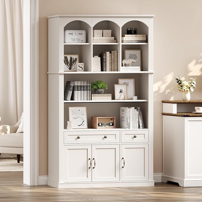 73.2" Tall Farmhouse Arched Bookshelf with Drawer and Door, Set of 2, 6 Tier Mid Century Modern Book Shelf and Bookcase with Storage, Floor Standing Display Cabinet for Home Office, White