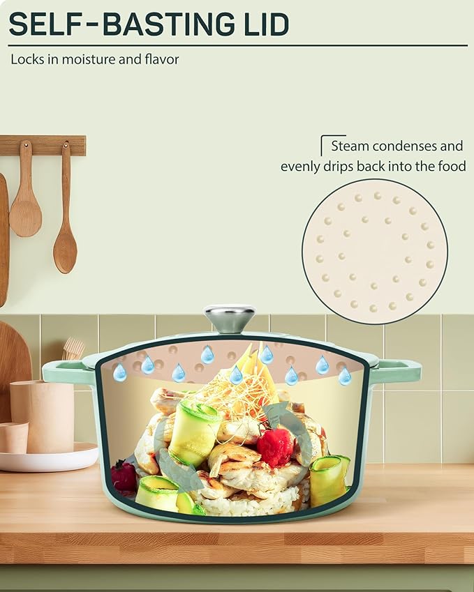 Enameled Cast Iron Dutch Oven ??4.4 Quart Pot with Lid & Potholders ??Heavy-Duty Cookware for Bread Baking, Braising, Stews & Roasting ??Oven & Stovetop Safe up to 500째F ??Mint Green
