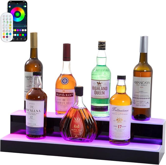 Led Lighted Liquor Bottle Display Shelf, 24 Inch 2 Tier Whiskey Rack, Support USB, Bar Stand with RF Remote & App Control, Illuminated Acrylic Lighting Shelves for Home Bar, Party