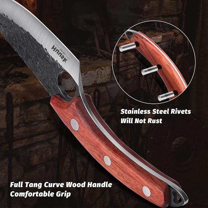 Huusk Viking Knives Hand Forged Boning & Chef Knife - Full Tang Japanese Blade with Sheath - Butcher Meat Cleaver - Camping & Kitchen Christmas Gifts for Men and Women