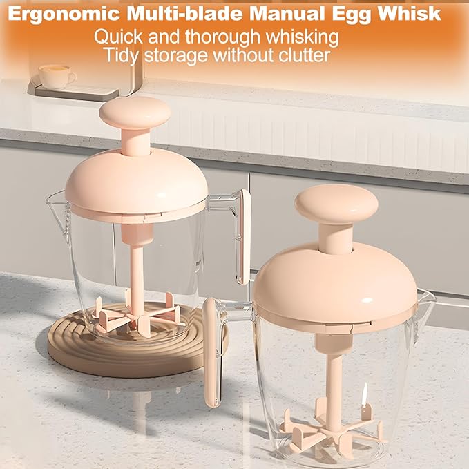 Manual Egg Mixer Ergonomic Press the Egg Beater Cup, Multi-function Blender with Built-in Foam Filter for Beating Eggs, Whipping Cream (Pink)