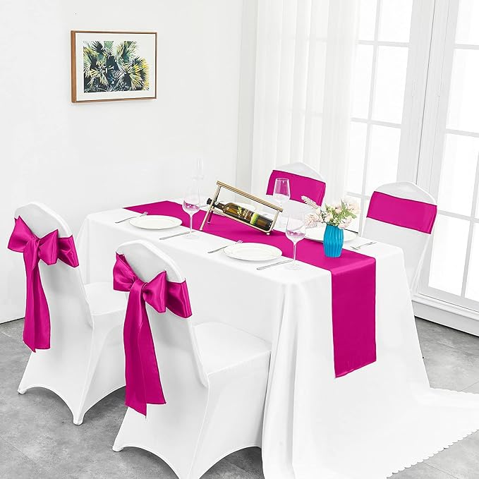 10-Pack Hot Pink Satin Table Runner 12 x 108 Inch Long Fuchsia Bright and Smooth Silk Fabric Table Runner for Wedding Banquet Birthday Party Decoration