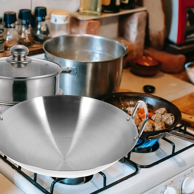 STOBOK Pots Wok Pan 28cm Double Handle Wok Stainless Steel Fry Pan Large Capacity Saute Pan Round Bottom Multipurpose Stewpot Skillet Works for Gas Cooktops Electric Frying Pan