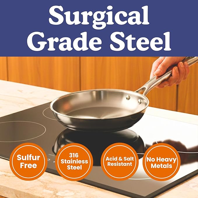 Ziruma Non-Toxic 9.5" Surgical Grade Stainless Steel Frying Pan, Fully Clad for Fast & Even Heat, PFOA-Free, Induction Compatible, Oven Safe to 500째F