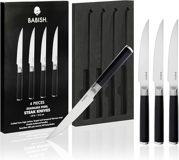 Babish 4-Piece Forged Kitchen Steak Knife Set ??High-Carbon 1.4116 German Steel Cutlery ??Sharp & Durable Steak Knives for Dining and Grilling