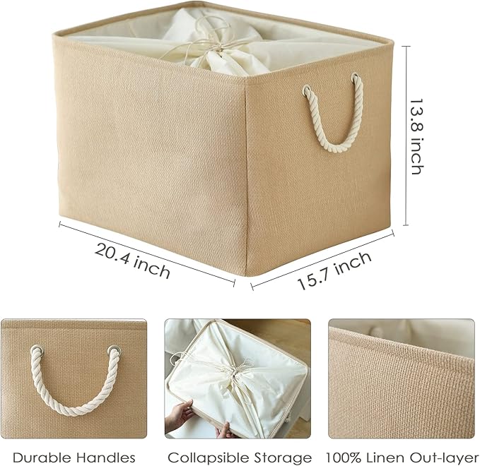 TheWarmHome Storage Bin for Shevles - Extra Jumbo 3Pack 20.5L횞15.7W횞13.8H inch Organization and Storage Basket for Organizing, Fabric Storage Cubes for Closet Shoe Linen Decorative (Beige)