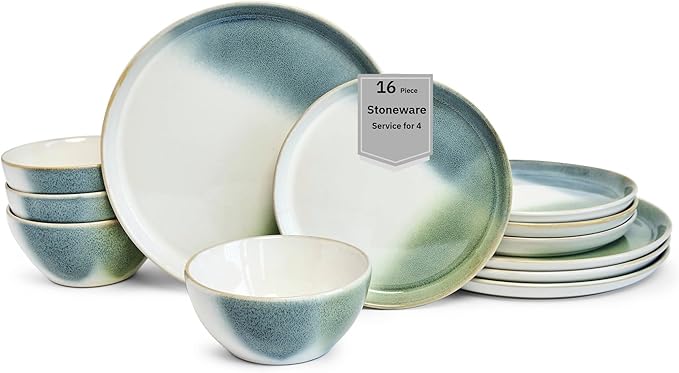 Sango 12 Pieces Stoneware Dinnerware Set, Glossy Blue, Green & White Dishes for 4, Premium Plates and Bowls Sets, Chip Resistant, Ceramic Kitchen Dish Set, Microwave & Dishwasher Safe, Color Block