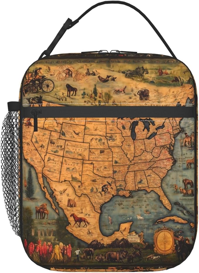 Insulated Lunch Box for Women Men, Vintage Map Theme Lunch Box Reusable Portable Lunch Bag Cooler Tote Waterproof Lunch Container for Office Picnic Work Travel