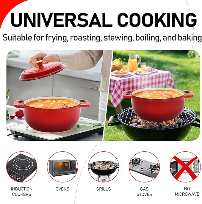 ROVSUN 5 Quart Enameled Cast Iron Dutch Oven with Lid, Dual Handles, Oven Safe up to 500째F or on Stovetop, Compatible for Braising, Stews, Roasting, Bread Baking-Red