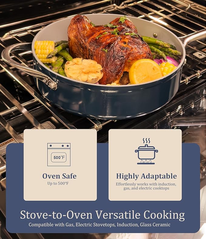 Nonstick Ceramic Frying Pan 8 inch for All Cooktops, PTFE/PFOA/PFAS Free, Even Heat Distribution Oven Safe up to 500째F, Healthy Non Toxic Skillet with Stay Cool Handle, Navy Blue