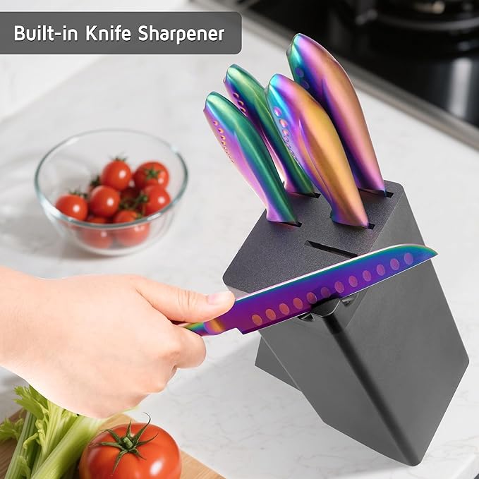 WELLSTAR Rainbow Knife Set 8 Pieces, Iridescent German Stainless Steel Kitchen Knives Set with Wooden Block, Colorful Titanium Coating, Chef?셲 Knife Block Set with Scissors and Built-in Sharpener
