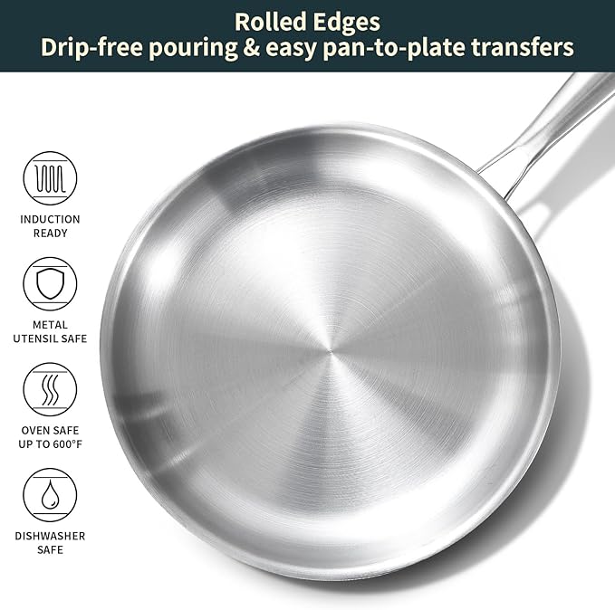 DELARLO Tri-Ply Stainless Steel Frying Pan with Lid, Compatible with All Cooktops Up to 600?? Heavy Duty, 8 inch Fry Pan with Lid, Fast & Even Heat, 8 inch Skillet, 18/10 Stainless Steel Pan