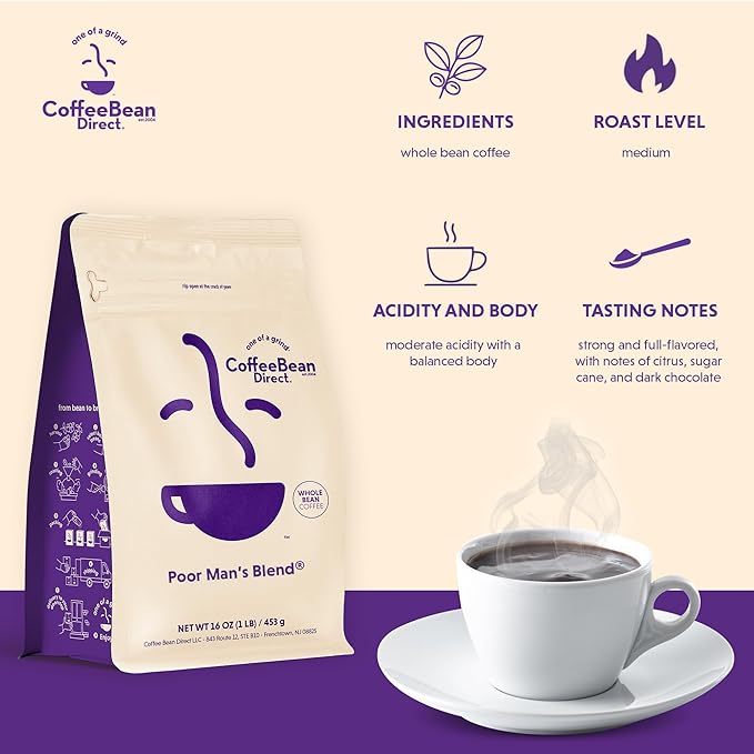 Coffee Bean Direct Poor Man's Blend짰, Whole Bean Coffee, Medium Roast, 2.5 Pound Bag (Pack of 1)