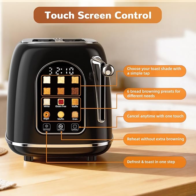 Mecity Toaster 2 Slice, Touch Screen Wide Slot Retro Toaster For Breads Bagel Muffin Waffle, House Warming Gift New Home, 120V 825W, Jet Black