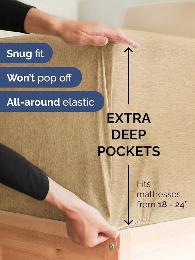 Extra Deep Pocket King Sheets - 4 Piece Breathable & Cooling Bed Sheets - Hotel Luxury Bed Sheet Set - Soft, Wrinkle Free & Comfy - Easily Fits Extra Deep Mattresses - Deep Pocket Heathered Tan Sheets