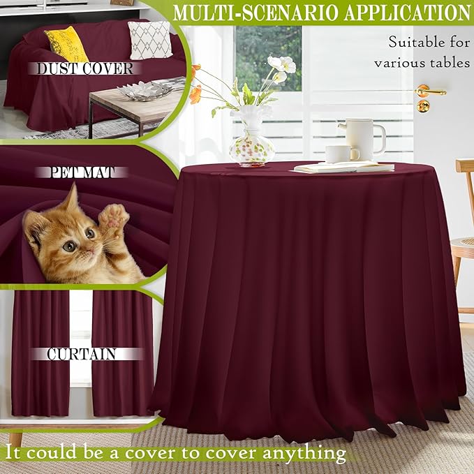 BYDOLL Table Cloth 60 Inch Round Tablecloth Fits Max50 Inch Diameter Table Top,Burgundy Polyester Washable Wrinkle-Free Spillproof Tablecloth for Party Patio Cover