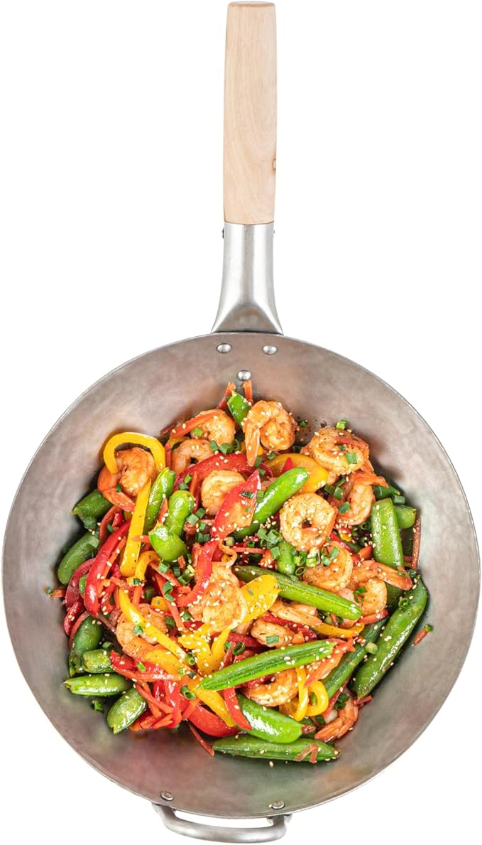 Restaurantware-Motomori 12 Inch Hand-Hammered Carbon Steel Woks, 10 Traditional Japanese Woks - Round Bottom, Wooden Handle, Black Carbon Steel Traditional Stir Fry Pans, With Helper Handle