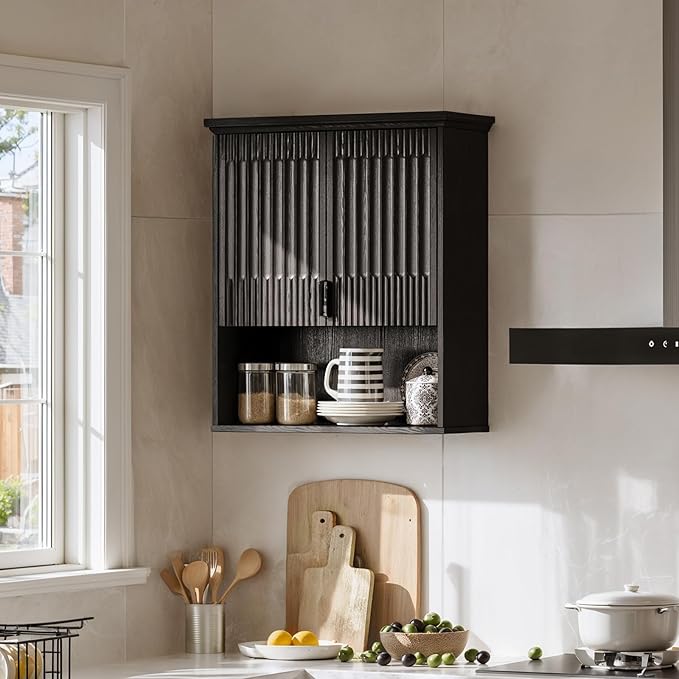 FLOWBACK BlackBathroom Wall Cabinet Over The Toilet Storage, 23.5횞31.4 Inch Wall Mounted Medicine Cabinet for Bathroom with Adjustable Shelf and Door, Wood Cabinet for Laundry Room, Bedroom Kitchen