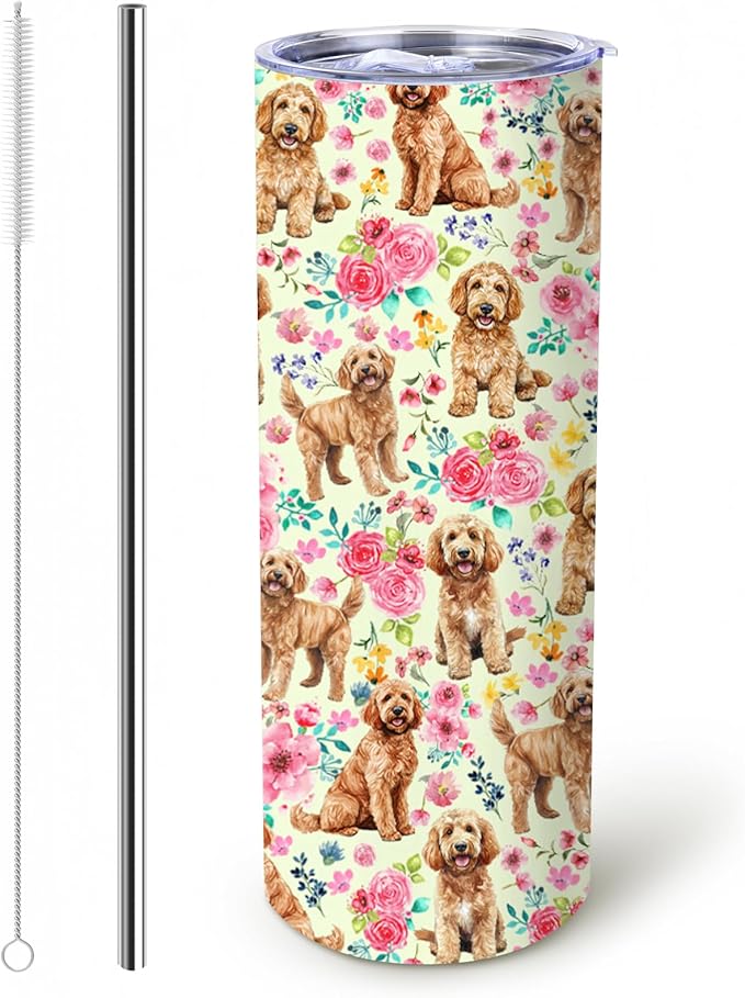 Yogusut Goldendoodle Gifts for Women, 20oz Stainless Steel Insulated Tumbler Travel Mug Cup with Lid Straw Brush, Gifts for Dog Mom Dog Lover