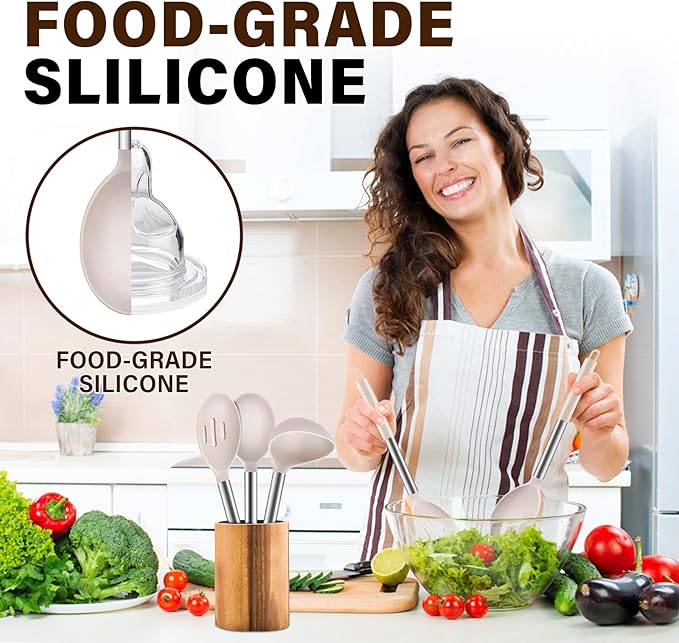 3Pcs Silicone Cooking Spoon Set, Kitchen Utensils Include Solid & Slotted Spoon, Soup Ladle, Food-Grade Heat Resistant 446째F, Non-Scratch Spoons for Serving, Stirring, Draining, Dishwasher Safe, Khaki