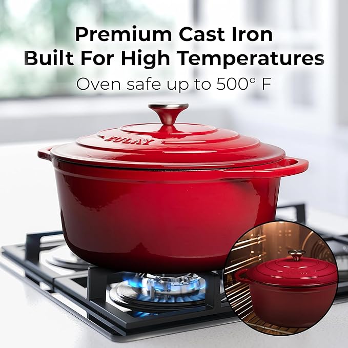Zulay Kitchen 6 Quart Enameled Cast Iron Dutch Oven Pot with Lid ??Premium Durability & Oven Safe up to 500째F ??Heavy Duty Cookware Perfect for Bread Baking, Stews, Braising & Roasting ??Red