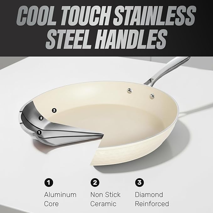Gotham Steel Hammered 15Pcs Ceramic Cookware Set Nonstick, Induction Pots and Pans Set Non Stick with Bakeware Set & Steamer for Cooking, Non Toxic PFOA PFOS Free, Oven & Dishwasher Safe, Cream White