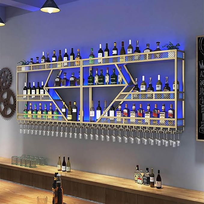 Wall Mounted Wine Rack, Large Metal Wine Bottle Holder, Modern Fashion Diamond Shaped Floating Bar Unit Wine Storage Shelves, for Home Restaurant Bars Decor (Gold, 3 Tier - 79in)