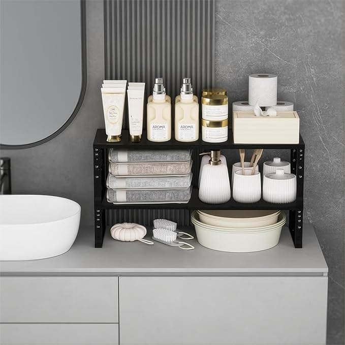 Expandable Spice Rack Organizion for Kitchen Cabinet, Seasoning,Bathroom Organizer Display Shelf, Stackable Multi-Purpose Shelves.Easy-to-Install竊?Packs/Black,Medium