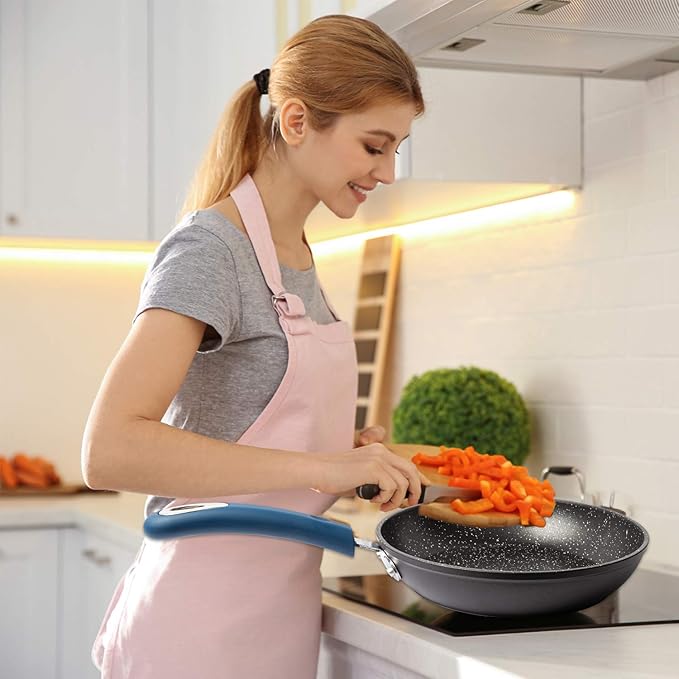 9.5" Nonstick Frying Pan: Medium Skillet With Heavy Duty Non Stick Coating - Blue Silicone Handle - Induction Compatible Frypans