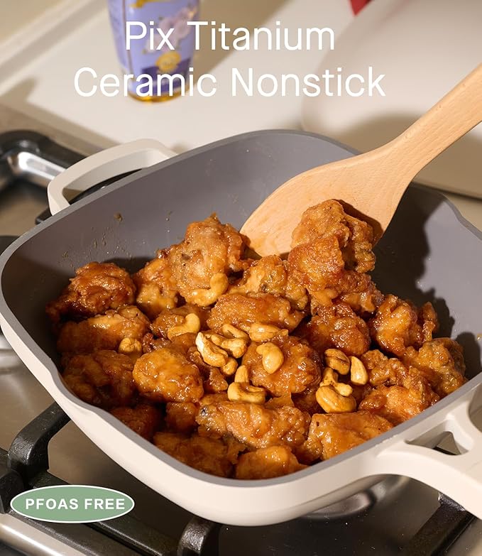 10.5 Inch(3.8QT) Ceramic Pan with Lid,Non Stick Frying Pans Cast Aluminum Deep Saut챕 Pans,Ti-Ceramic Non Toxic Pix Pan with Wooden Spatula and Scrubber-Morning Mist