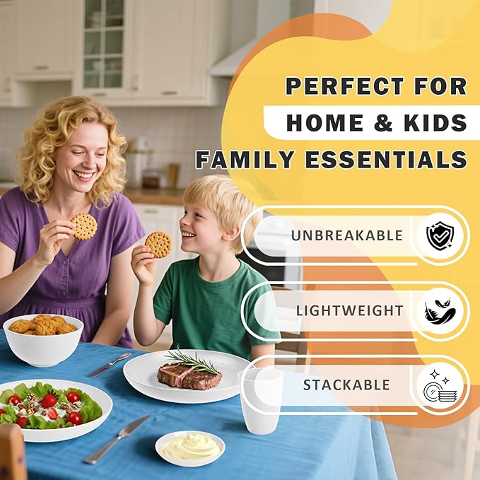 Wheat Straw Plates and Bowls Sets of 16竊똗nbreakable Dinnerware Sets for 4, Microwave & Dishwasher Safe Kids Dish Set for Kitchen, Outdoor, Camping, Party, RV- White
