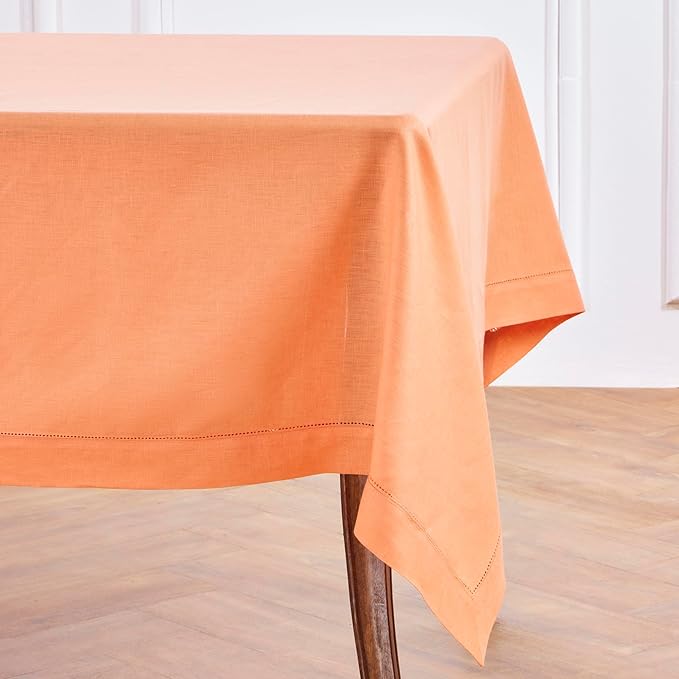 Solino Home Linen Tablecloth 60 x 144 Inch - Classic Hemstitch 100% Pure Linen Coral Table Cloth for Rectangle Tables - Machine Washable Tablecloth for Valentines, Spring, Easter