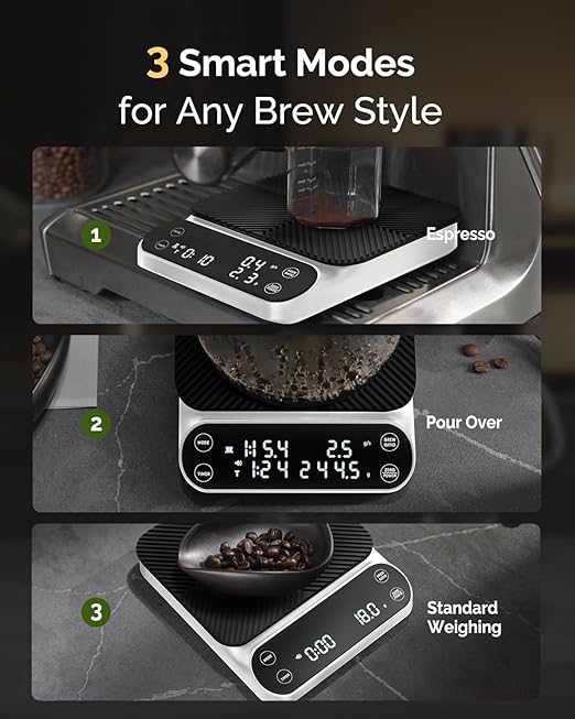 Maestri House S3 Coffee Scale with Timer, 3kg/0.1g Rechargeable Digital Scale, 3 Brew Modes, Adjustable Ratios & Flow Rate Display, Barista-Grade for Pour-Over, Espresso, French Press ?“White