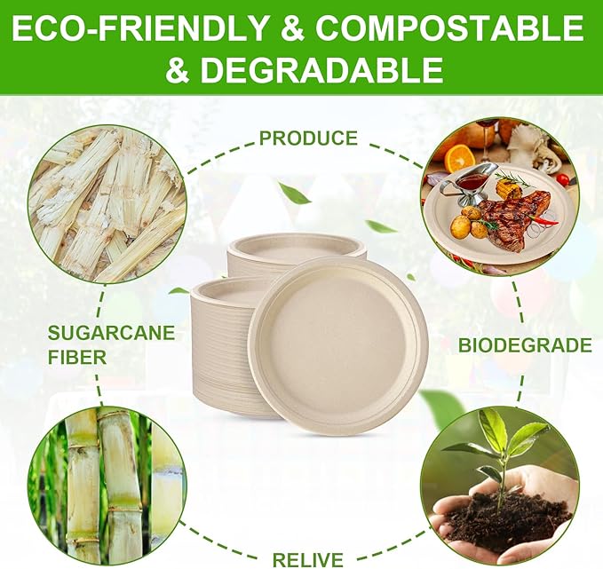 10 Inch Compostable Disposable Paper Plates, 150 Pack Heavy Duty Paper Plates, Made Of Eco-Friendly, Natural Sugarcane Bagasse