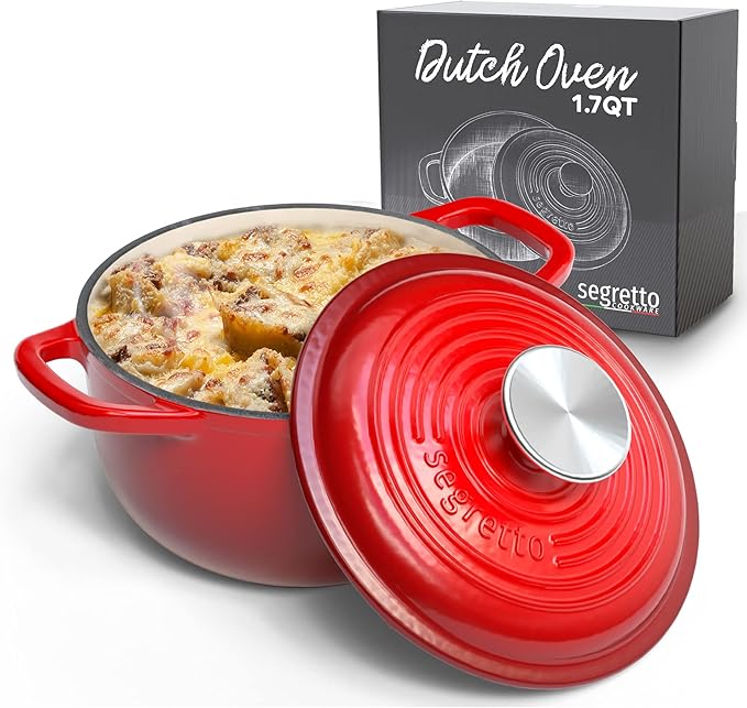 Segretto Cookware Enameled Dutch Oven Pot with Lid Rosso (Gradient Red) 1.7 Quarts Cast Iron Dutch Oven with Handle 1.7 qt Enamel Small Cast Iron Pot for Bread Baking, Cooking