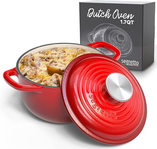 Segretto Cookware Enameled Dutch Oven Pot with Lid Rosso (Gradient Red) 1.7 Quarts Cast Iron Dutch Oven with Handle 1.7 qt Enamel Small Cast Iron Pot for Bread Baking, Cooking