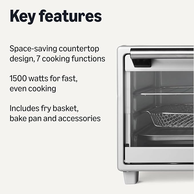 Amazon Basics 6-Slice 23-QT Toaster Oven with Built-In Air Fryer, 7-In-1 Cooking Options, 60-Min Timer & Adjustable Temperature (200??- 450??, With Accessories, 1500W, Stainless Steel, Silver/Gray