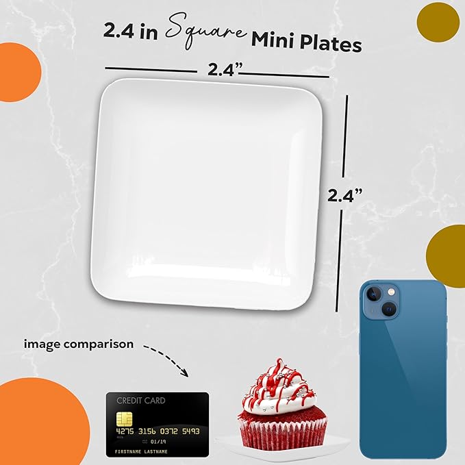 Exquisite Tiny Mini Dessert Plates - 120 Pack 2.4 In. x 2.4 In. White Disposable Appetizer Plates - Small Plastic BPA Free for Weddings