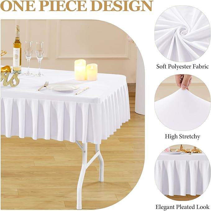 Wish Care 6 Pack White Spandex Tablecloths for 6 Foot Rectangle Tables, Wrinkle Free Fitted Table Cover Rectangular Stretch Table Clothes Ruffles Pleated Desk Skirt for Wedding Birthday Banquet Party