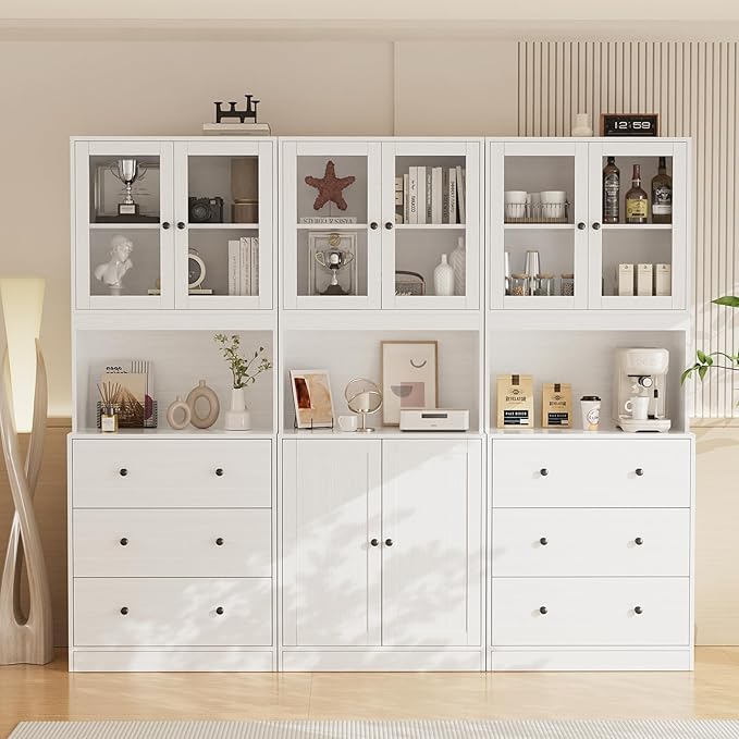 VOWNER 3PCS Bookshelf and Bookcase, 5-Tier Modern Bookshelves with 3 Large Drawer, Glass Display Cabinet with Lager Storage Shelf, Combination Storage Shelves for Home Office, White (BAB)