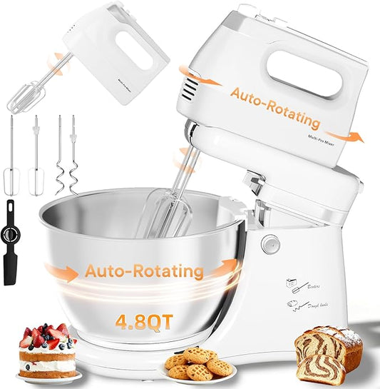Stand Mixer Hand Mixer Electric Kitchen - 4.8 QT Smart Auto-Rotating Bowl & Beater Standing Mixer, 5-Speed Tilt-Head Household Mixer with Beaters & Dough Hooks for Baking,White