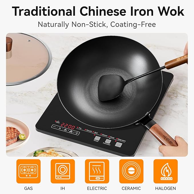 WANGYUANJI 12.6" Pure-Iron Wok with Glass Lid, Flat-Bottom Lightweight Chinese Stir-Fry Pan, Wooden Handle, Uncoated ??Induction/Gas/Electric Compatible, Not Pre-Seasoned (Seasoning Required)