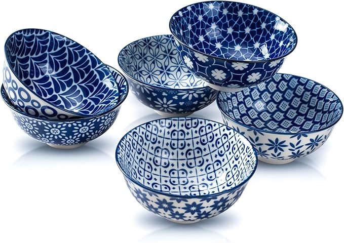 AntoKueh Blue and White Ceramic Bowls Set of 6, 4.7in Small Dessert bowl 10 oz for ice cream, Snack, Porcelain bowl for Dipping,Dishwasher/Microwave safe