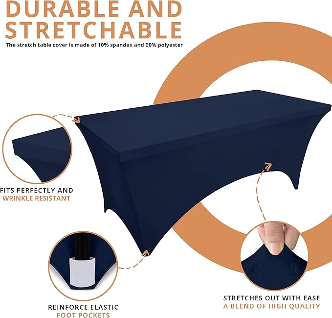 Utopia Kitchen Spandex Tablecloth 2 Pack [8FT, Navy Blue] Tight, Fitted, Washable and Wrinkle Resistant Stretch Table Cloth Rectangle Cover for Trade Show, Weddings & Parties [96Lx30Wx30H Inch]