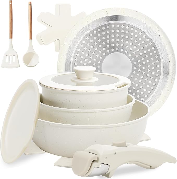 Numola 10 pcs Pots and Pan Set Non Stick with Detachable Handle, Ceramic Cookware Set for Stackable, Induction Kitchen Cookware Set for RV, Dishwasher 竊?Oven Safe, Cream White