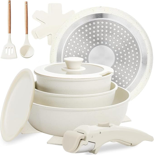 Numola 10 pcs Pots and Pan Set Non Stick with Detachable Handle, Ceramic Cookware Set for Stackable, Induction Kitchen Cookware Set for RV, Dishwasher 竊?Oven Safe, Cream White