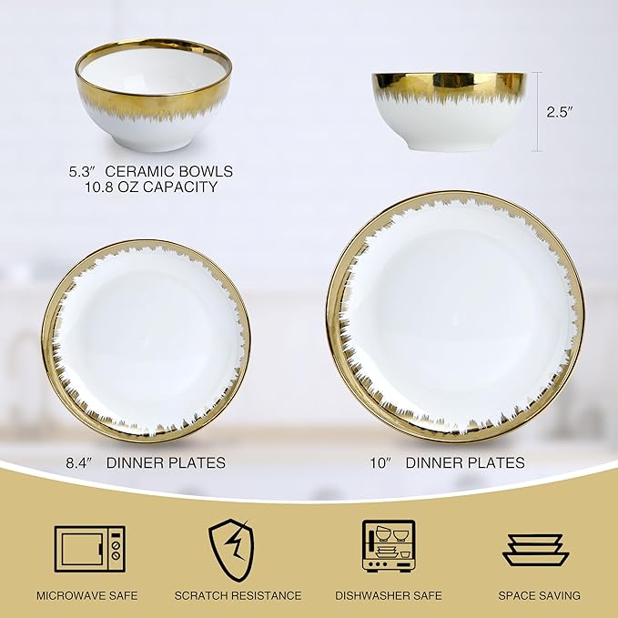 Luxury 12 Piece Porcelain Dinnerware Sets Service for 4, Modern Stoneware Plates and Bowls Sets,Ceramic Dish Set, Highly Chip and Crack Resistant Modern Plate Set, White and Gold