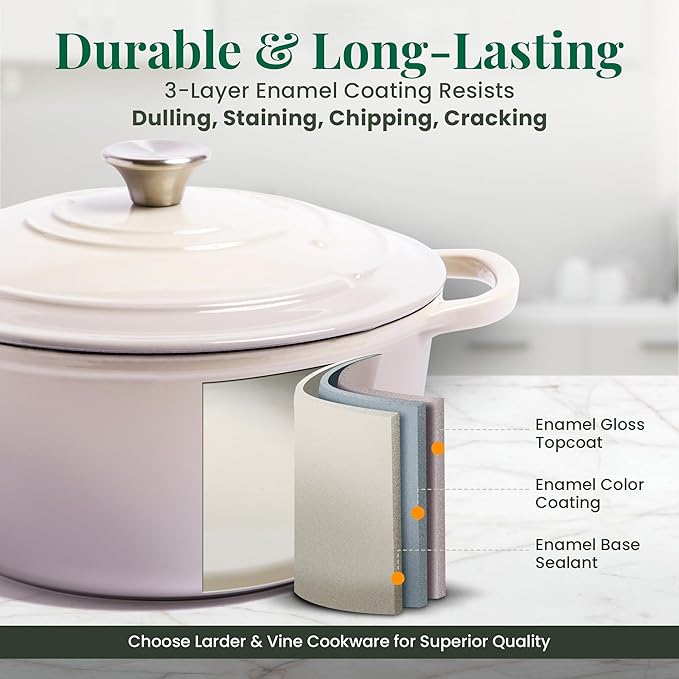 Larder & Vine Enameled Cast Iron 5.7 qt Dutch Oven Pot with Lid | Dutch Oven | Compatible on All Cooktops & Oven Safe to 500째 F | Great for Sourdough Bread | Stone